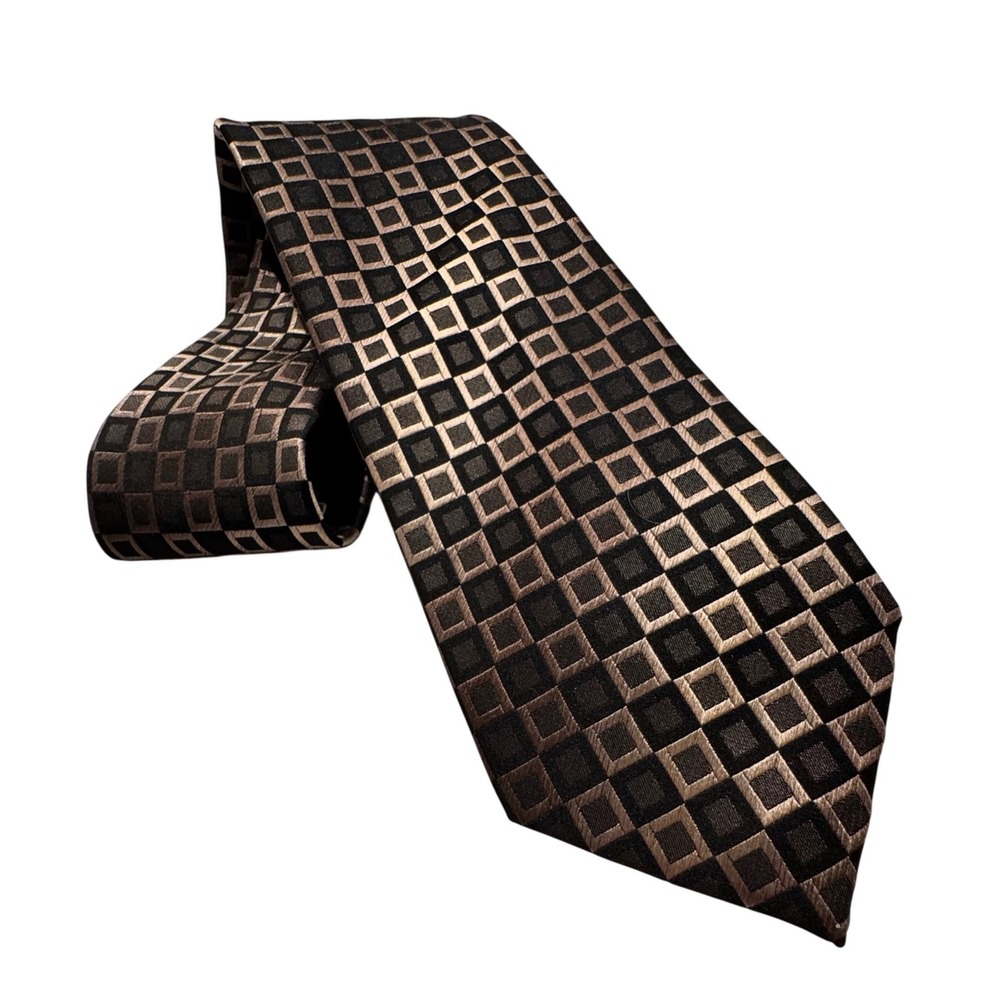 Kenneth Cole Reaction Men Silk Necktie Black Bronze Geometric Square Pattern Tie